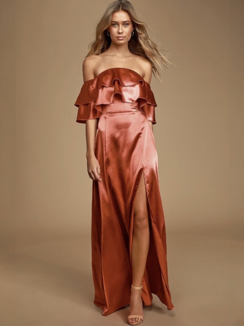 Lulus Pure Happiness Rust Orange Satin Off-the-Shoulder Maxi Dress NWT